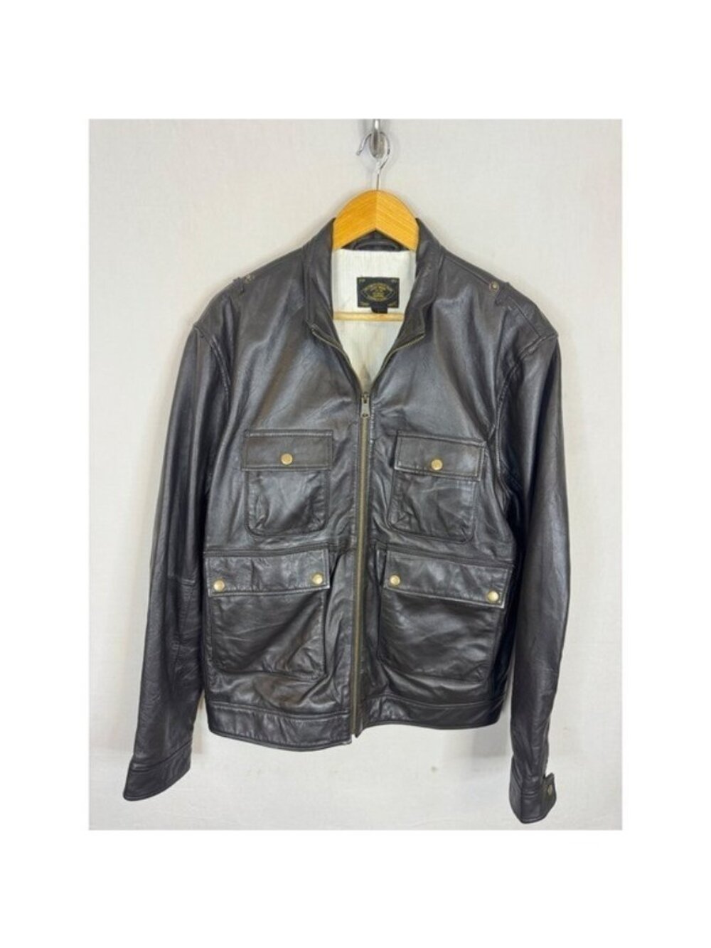 Lucky Brand Mens Brown Leather Field Jacket Full Zip Utility Coat Large Safari